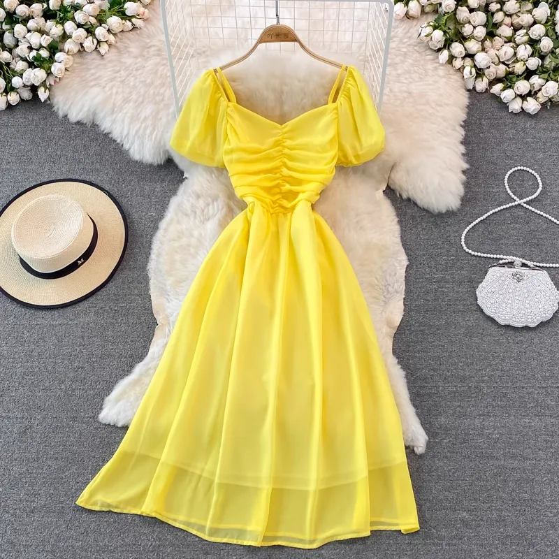 Summer V Neck Short Sleeved Dress Women  Mid Length A Line Retro Skirt 1409