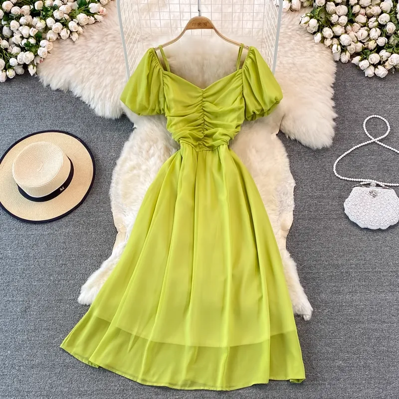Summer V Neck Short Sleeved Dress Women  Mid Length A Line Retro Skirt 1409