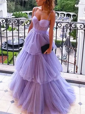 Sweetheart Neck Purple Layered Long Prom Dresses, Purple Layered Tulle Long Formal Evening Dresses