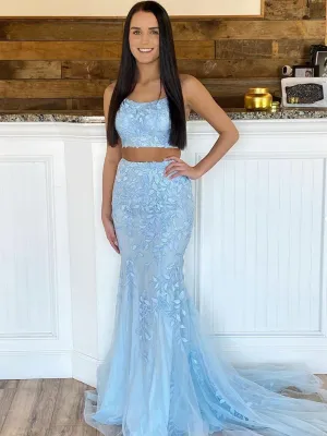 Two Pieces Blue Lace Mermaid Prom Dresses, 2 Pieces Blue Lace Mermaid Formal Evening Dresses