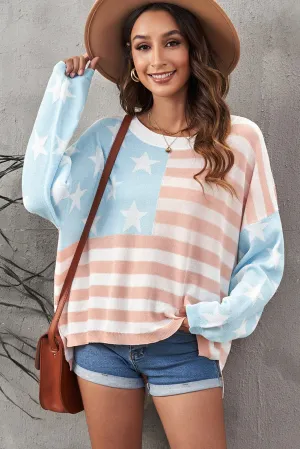 US Flag Side Slit Drop Shoulder Knit Sweater