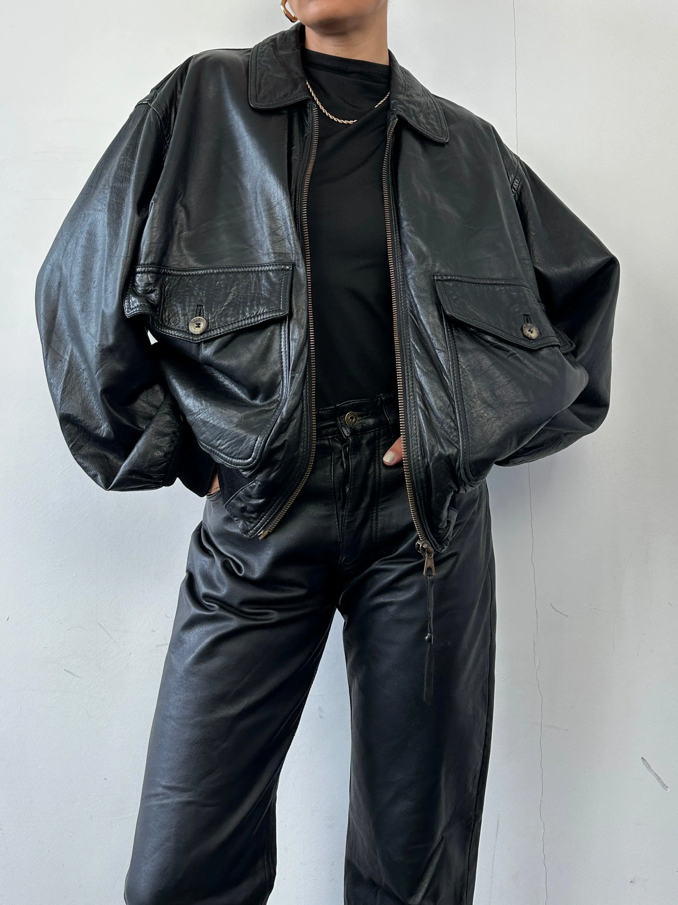 Vintage Leather Bomber Jacket - L