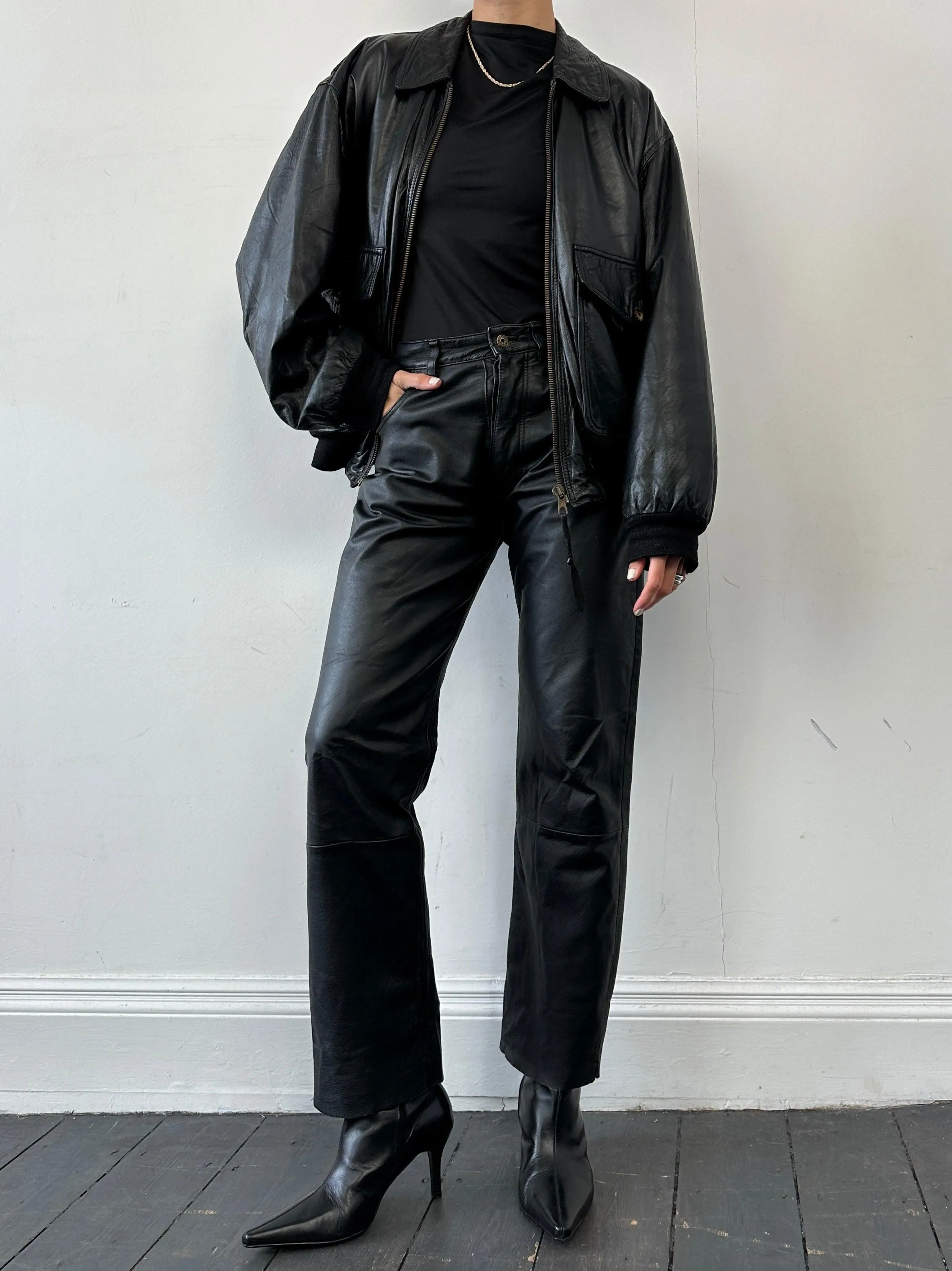 Vintage Leather Bomber Jacket - L