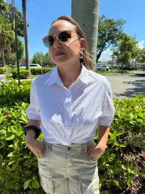 Voile Short Sleeve Cropped Twist Shirt - White