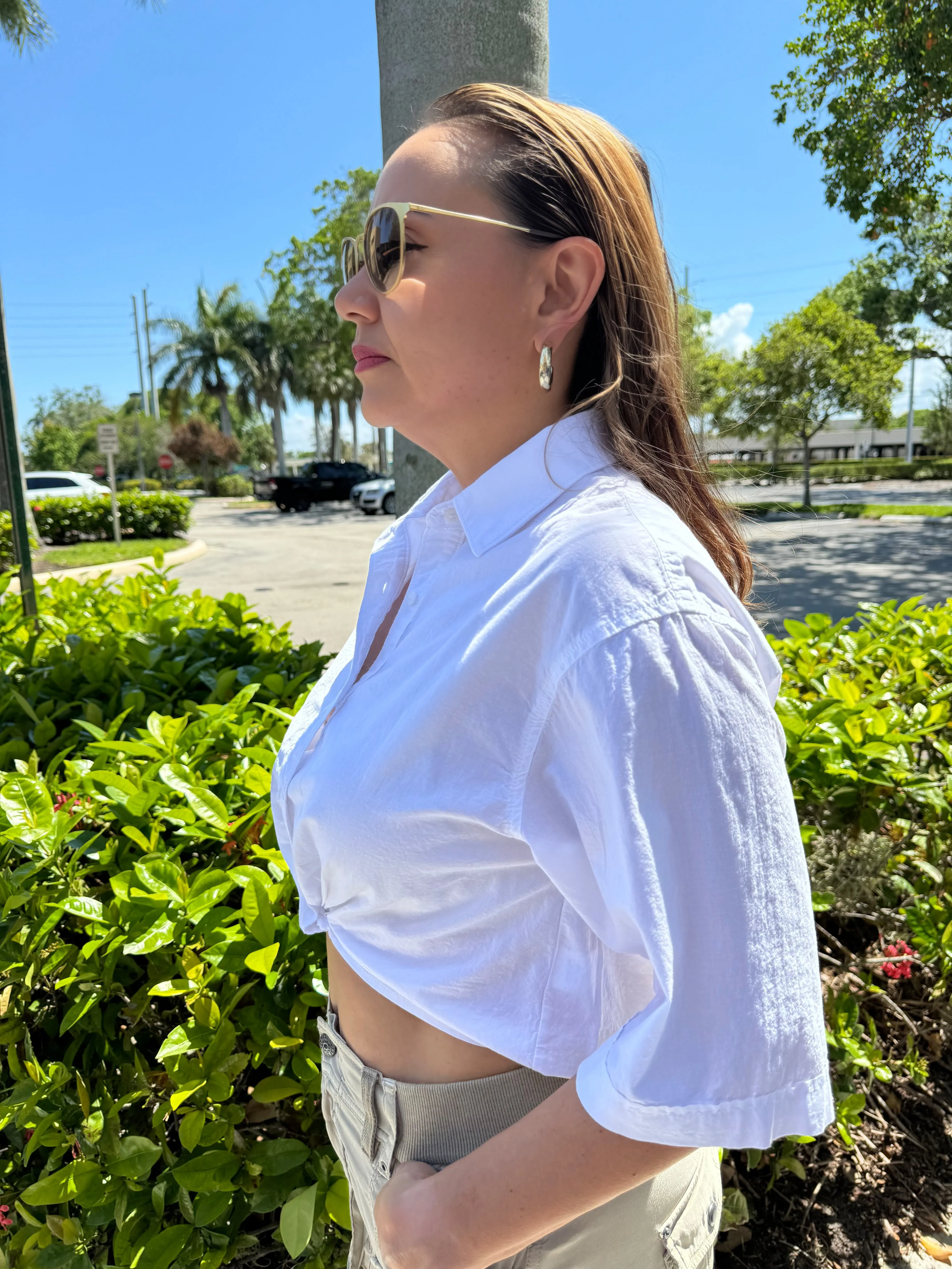 Voile Short Sleeve Cropped Twist Shirt - White