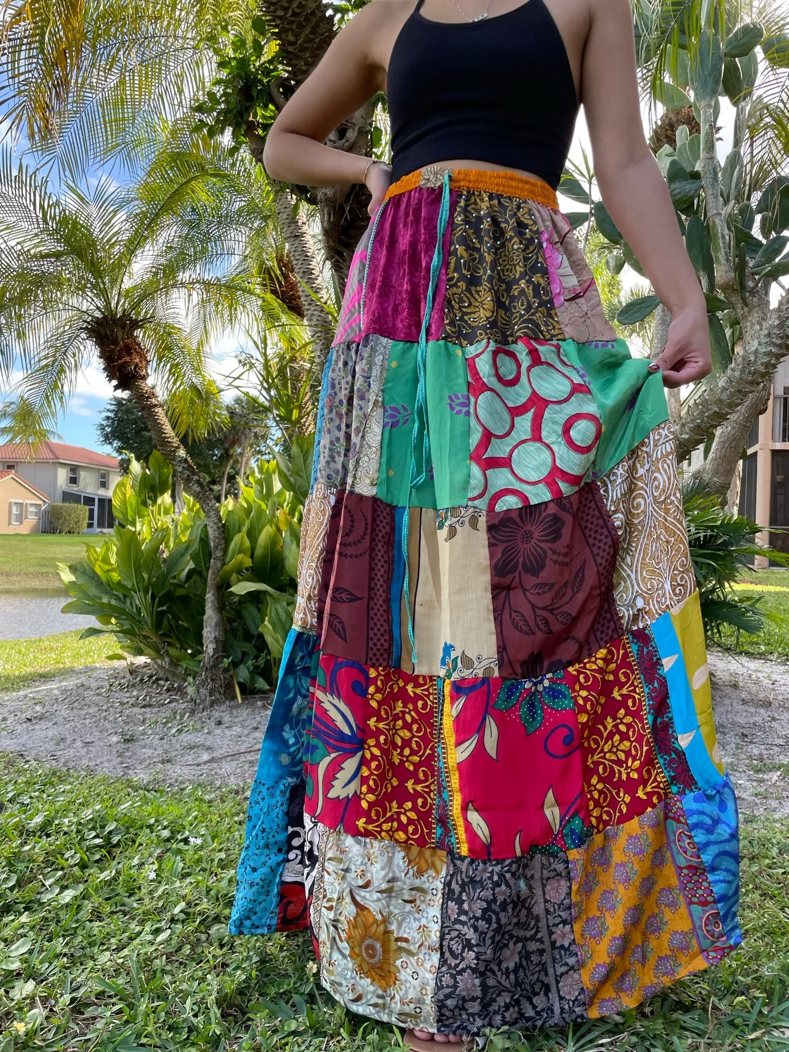 Women Blue Pink Maxi Skirt, Patchwork Skirt, Retro, CottonBoho Skirts S/M
