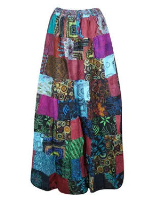 Women Blue Pink Maxi Skirt, Patchwork Skirt, Retro, CottonBoho Skirts S/M