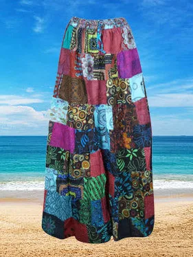 Women Blue Pink Maxi Skirt, Patchwork Skirt, Retro, CottonBoho Skirts S/M