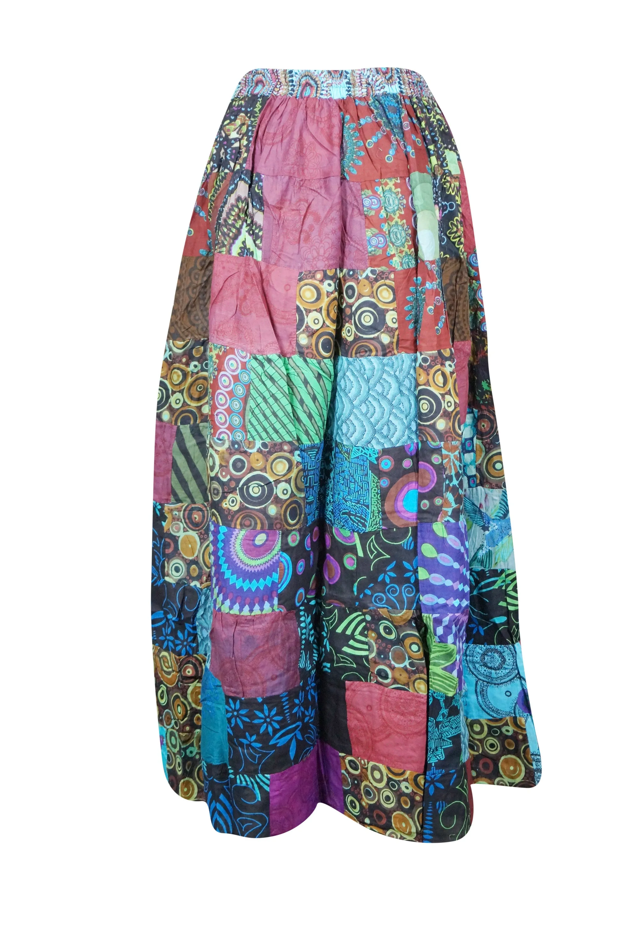 Women Blue Pink Maxi Skirt, Patchwork Skirt, Retro, CottonBoho Skirts S/M