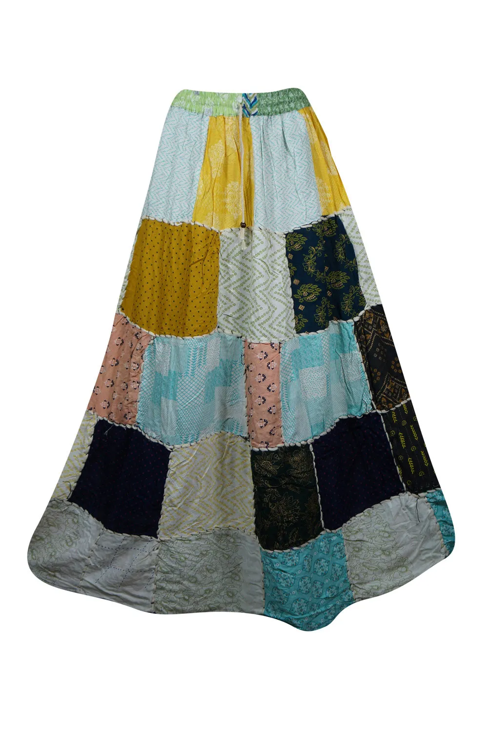 Womens Beach Maxi Skirt Blue Patchwork Skirts Hippie Skirts S/M