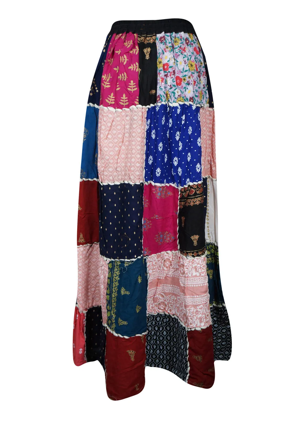 Womens Beach Maxi Skirt Pink Patchwork Skirts Retro Festive Hippie Skirts S/M
