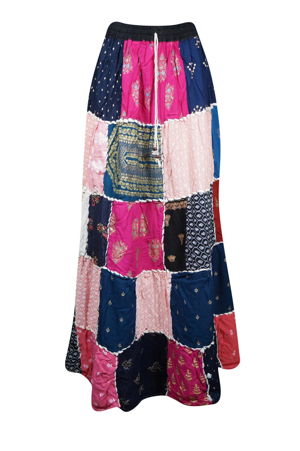 Womens Beach Maxi Skirt Pink Patchwork Skirts Retro Festive Hippie Skirts S/M