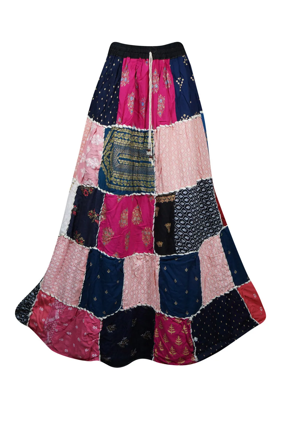 Womens Beach Maxi Skirt Pink Patchwork Skirts Retro Festive Hippie Skirts S/M
