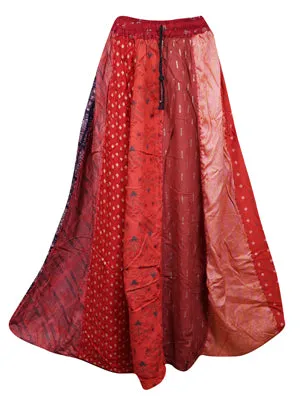 Womens Boho Long Patchwork Skirt, Fall Festive Red, Vintage Retro Skirt SML