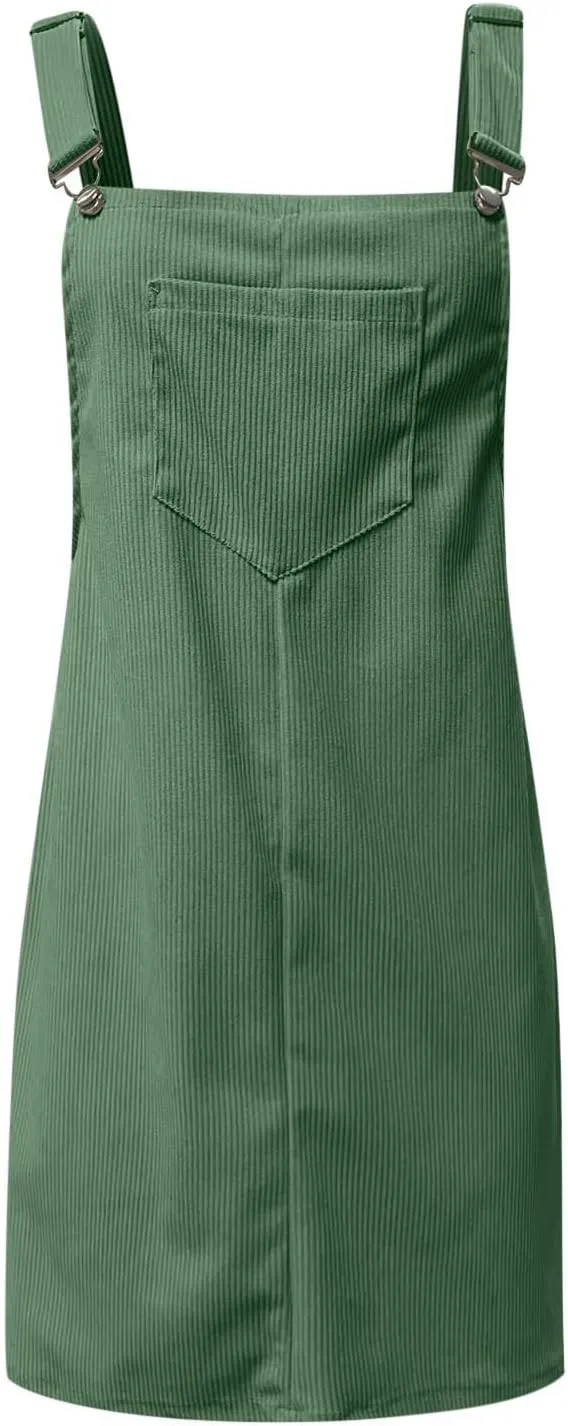 Women's Corduroy A Line Mini Dress Adjustable Button Down Strap Sundress Front Pockets Elegant Plain Cord Dresses