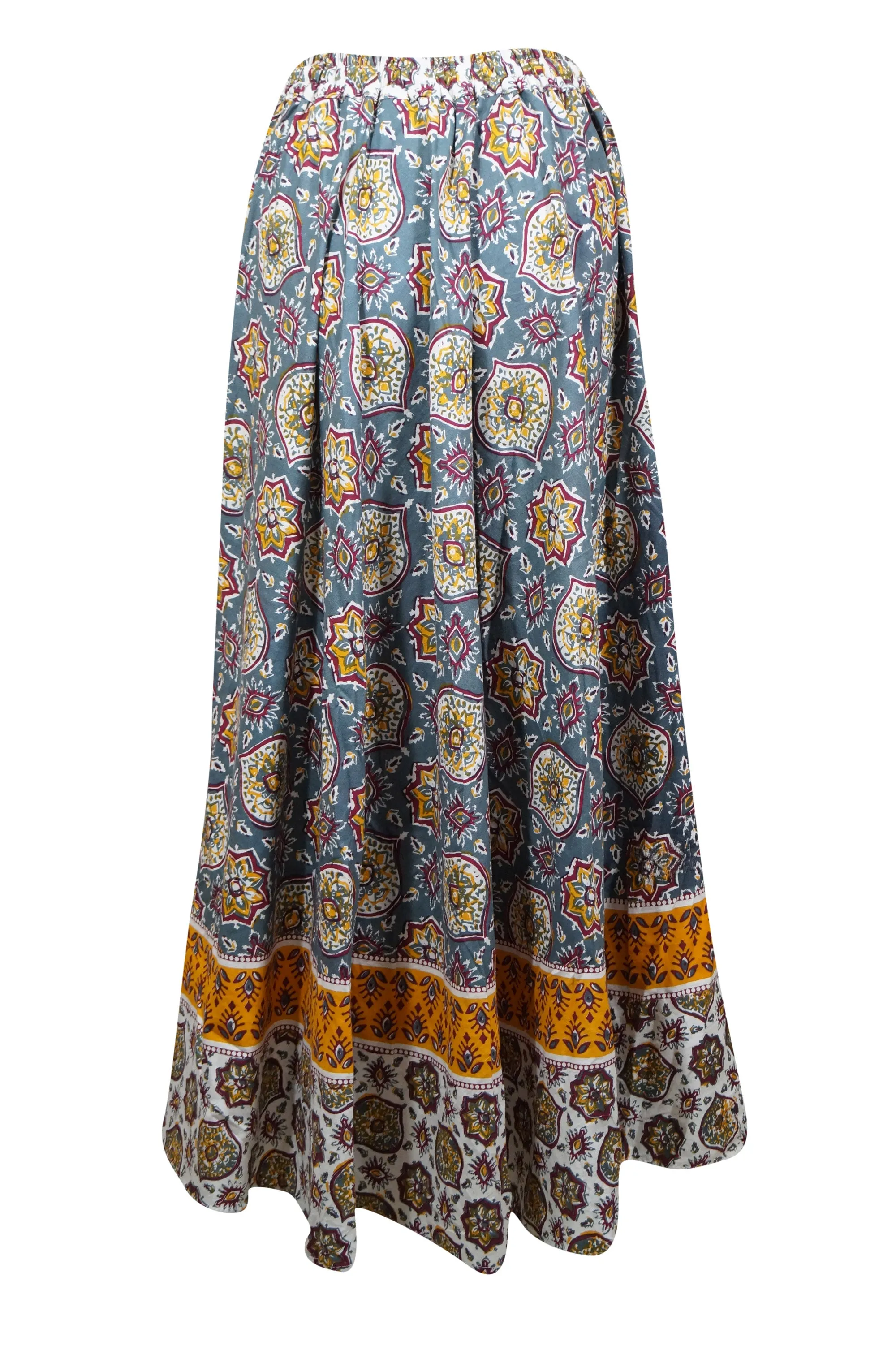 Womens Cotton Maxi Skirt, Casual Blue Floral Printed Beach Summer Flare Skirts S/M