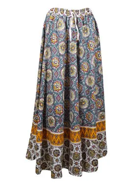 Womens Cotton Maxi Skirt, Casual Blue Floral Printed Beach Summer Flare Skirts S/M