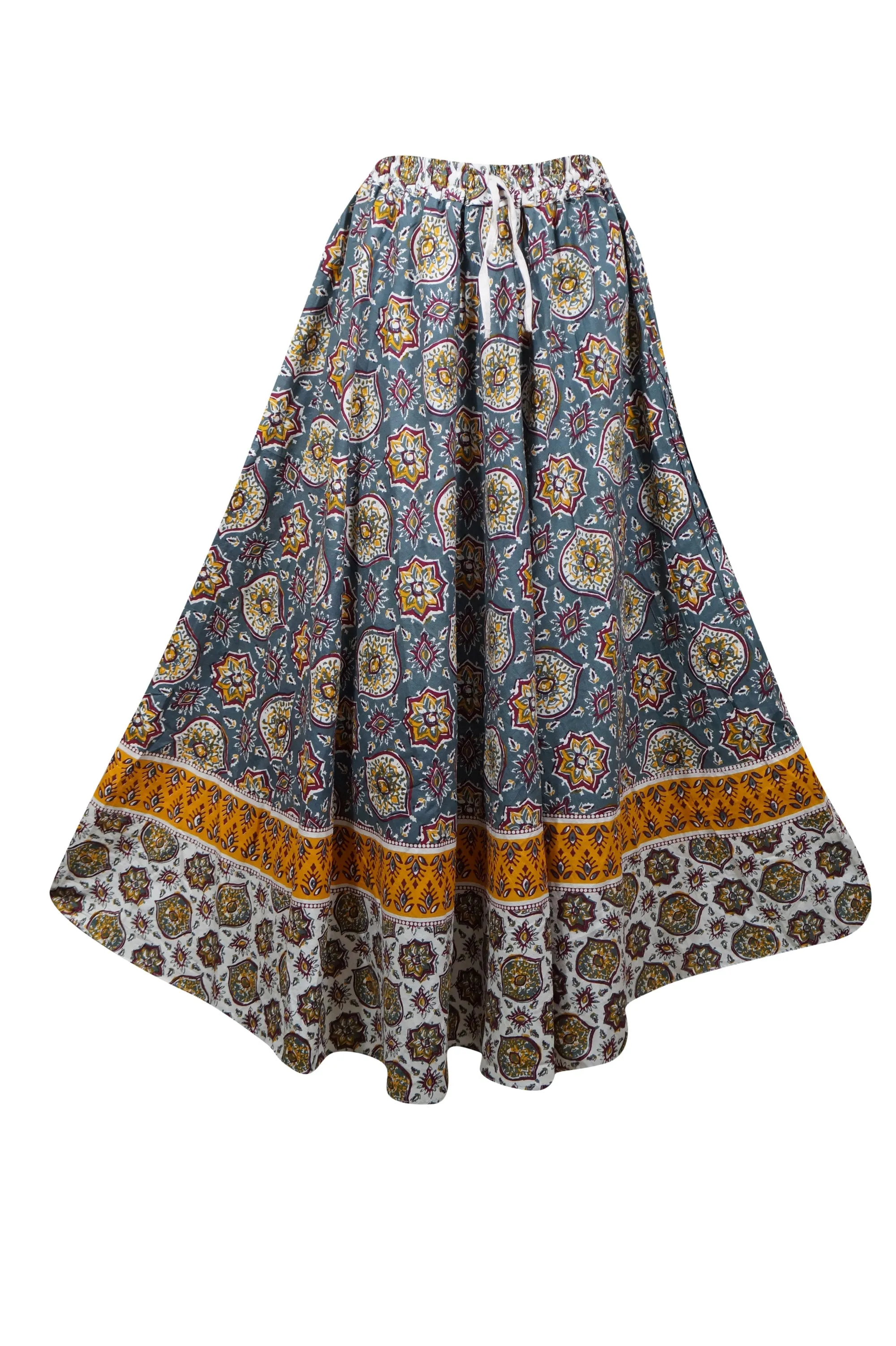 Womens Cotton Maxi Skirt, Casual Blue Floral Printed Beach Summer Flare Skirts S/M
