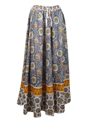 Womens Cotton Maxi Skirt, Casual Blue Floral Printed Beach Summer Flare Skirts S/M