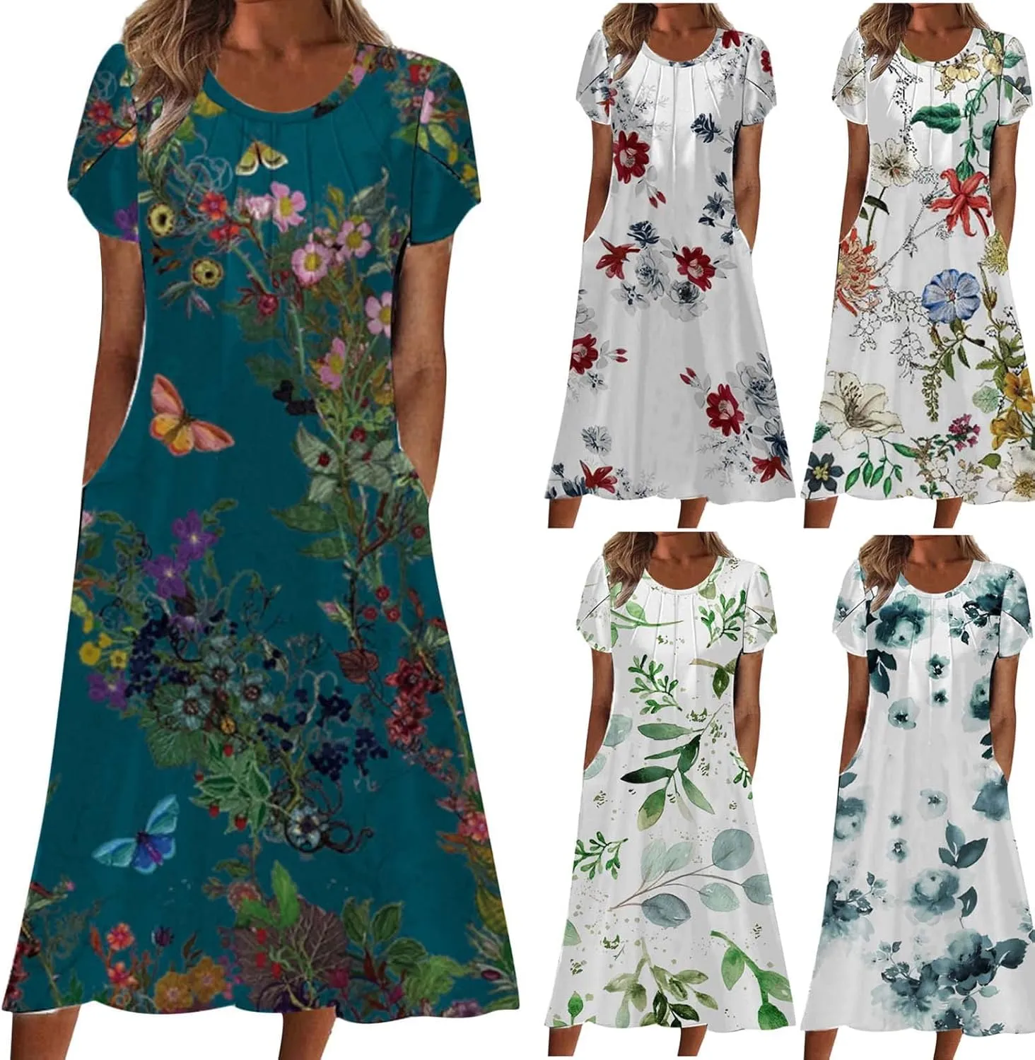 Womens Floral Midi Dress with Pockets Casual Summer T Shirts Dress Elegant Pleated Dress Cute Trendy A-Line Sun Dress