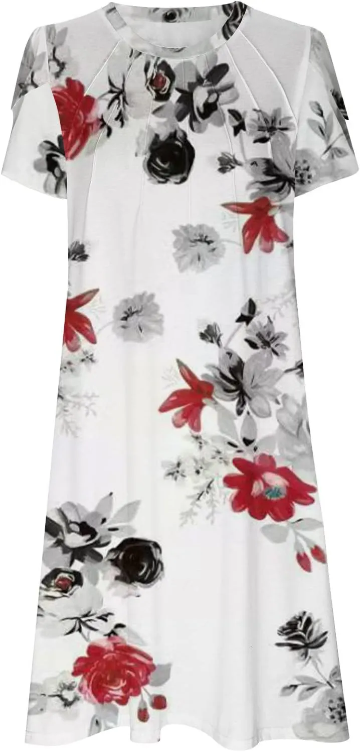 Womens Floral Midi Dress with Pockets Casual Summer T Shirts Dress Elegant Pleated Dress Cute Trendy A-Line Sun Dress