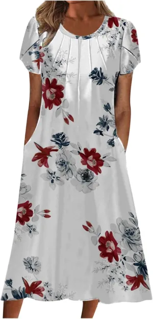 Womens Floral Midi Dress with Pockets Casual Summer T Shirts Dress Elegant Pleated Dress Cute Trendy A-Line Sun Dress