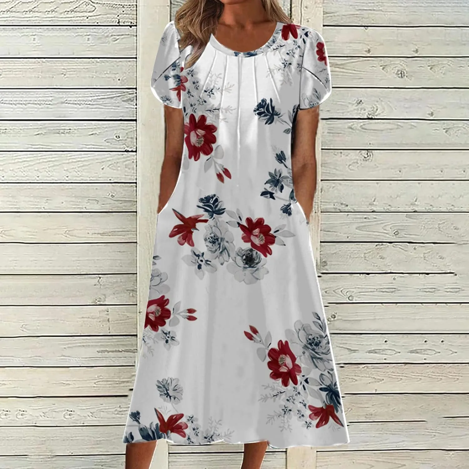 Womens Floral Midi Dress with Pockets Casual Summer T Shirts Dress Elegant Pleated Dress Cute Trendy A-Line Sun Dress