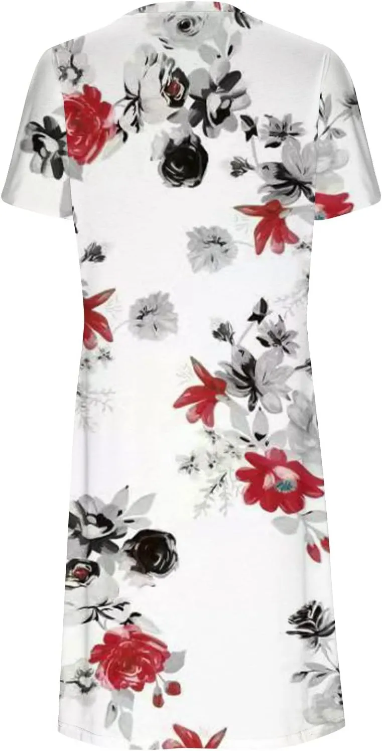 Womens Floral Midi Dress with Pockets Casual Summer T Shirts Dress Elegant Pleated Dress Cute Trendy A-Line Sun Dress