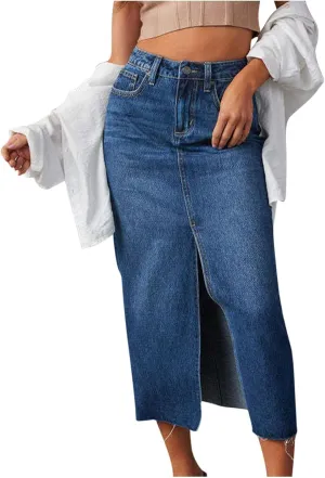 Womens High Waist Denim Skirts Vintage Solid Color Slit Midi Skirts with Pocket Y2K Fashion Jean Skirts