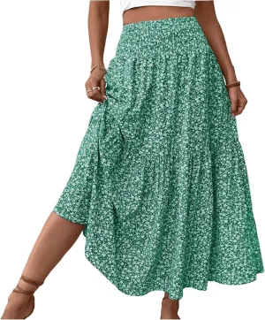 Womens Maxi Skirt Floral Boho Elastic High Waist Drawstring Pleated Beach Skirt A-Line Flowy Tiered Long Skirts