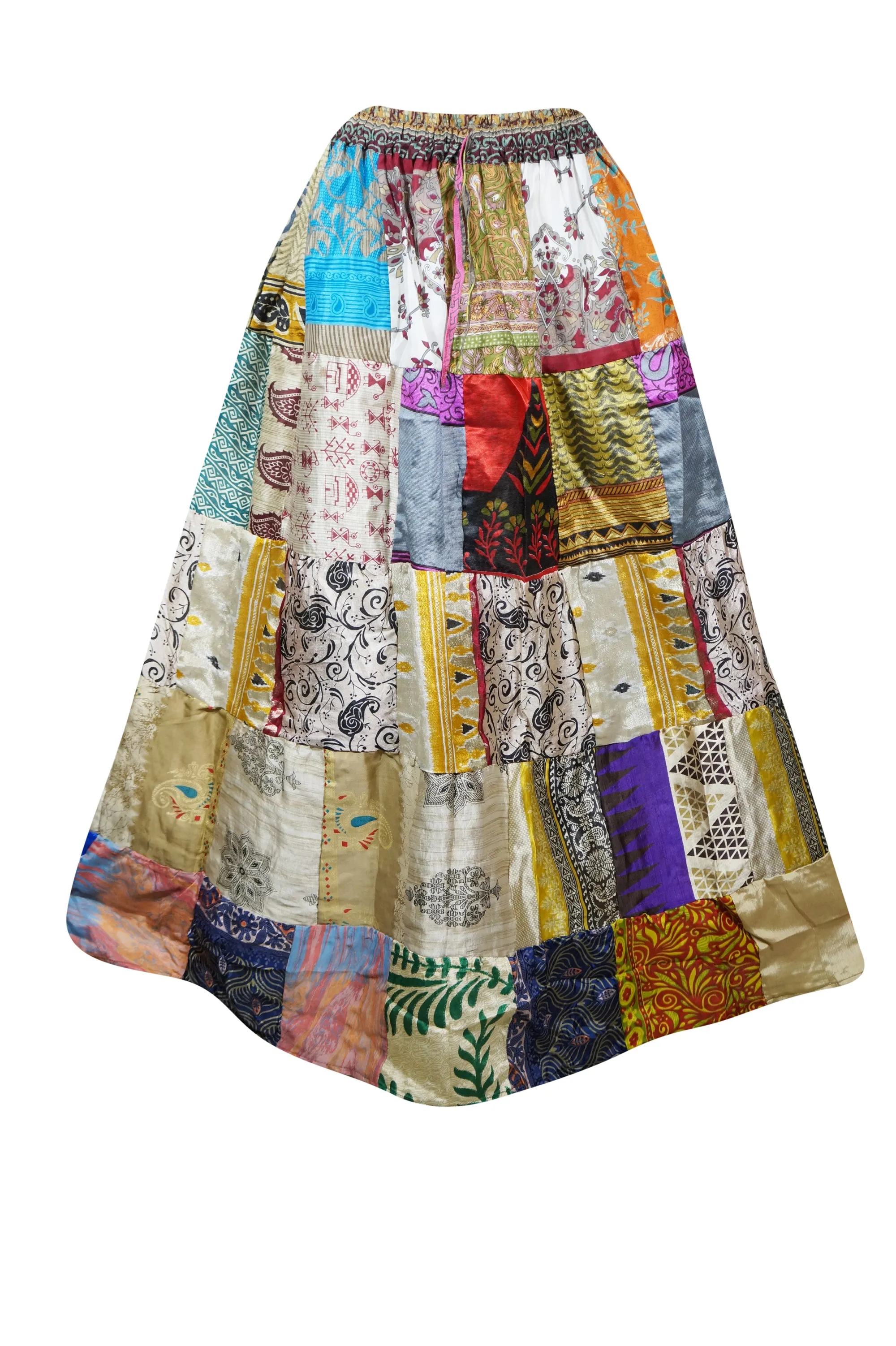 Womens Maxi Skirt, Multicolor Summer Skirt, Recycle Silk Patchwork Skirts S/M
