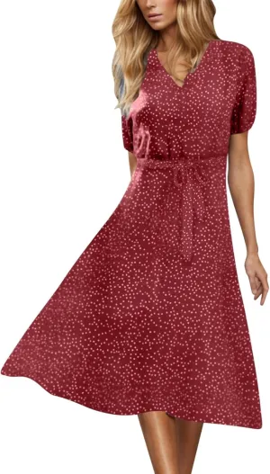 Womens Plus Size Casual Midi Boho Summer Dresses with Short Sleeves and Belt V-Neck Polka Dot Beach Vacation Sundress