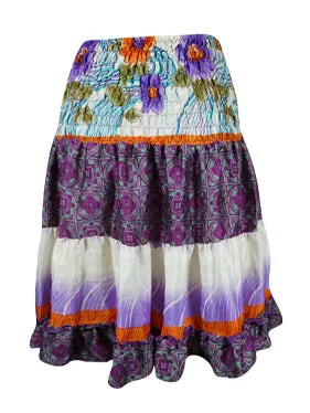 Womens Summer Ruched Skirt Purple Floral  Beach Recycle Silk Skirts S/M